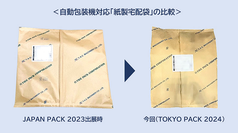 自動包装機対応の紙製宅配袋の比較画像。JAPAN PACK 2023出展時の仕様と比べ、TOKYO PACK 2024展示品は折れジワが低減し、より美しい包装状態を実現している。