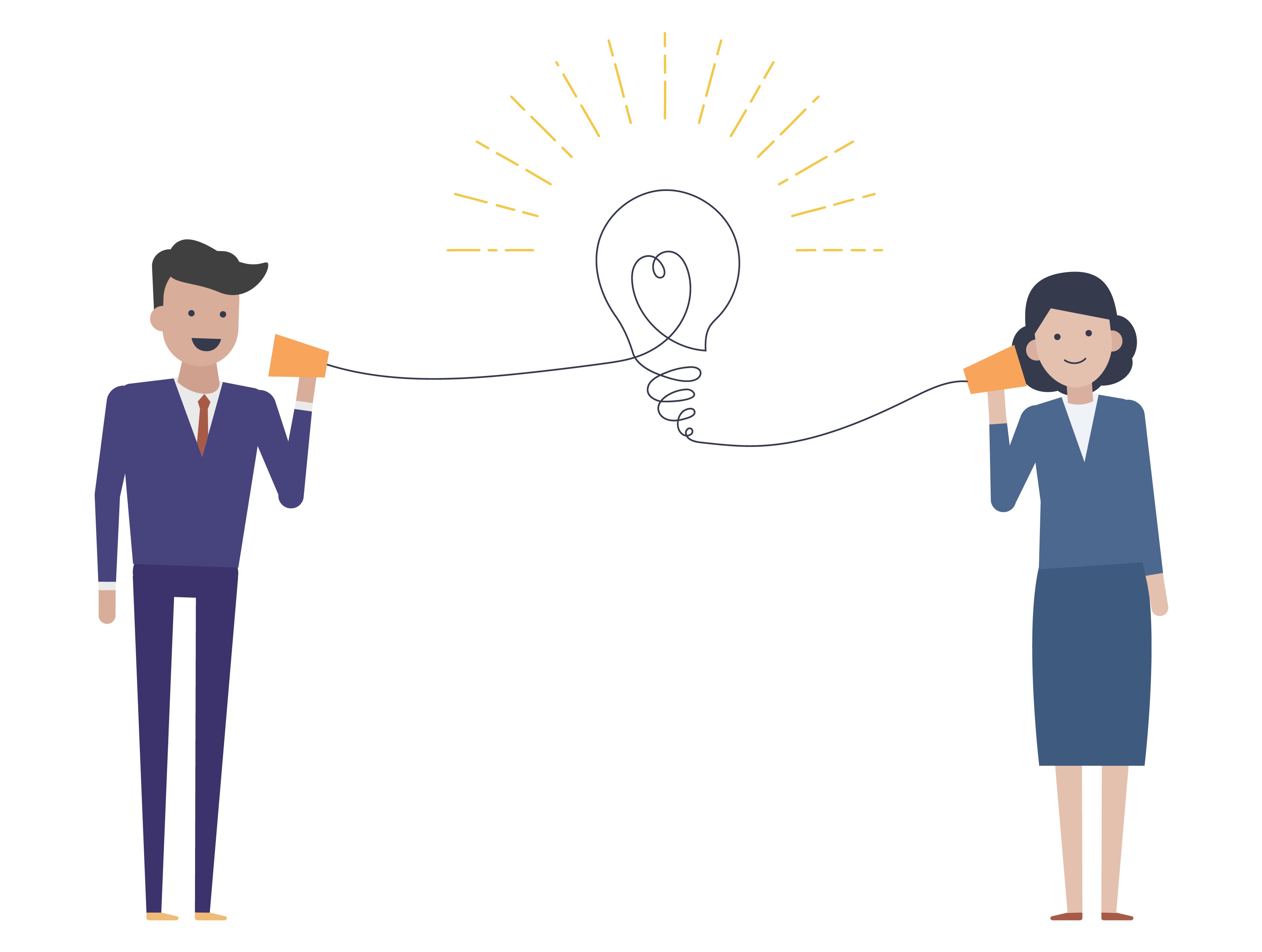 離れた2人が糸電話でつながり、糸が電球形になってひらめきを表すイラスト